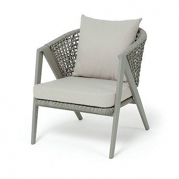 Кресло Амстердам 4SIS плетеное из роупа, каркас алюминий, роуп серый круглый, ткань бежевая фото 1