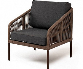 Кресло Канны 4SIS плетеное из роупа, каркас алюминий коричневый (RAL8016) муар, роуп коричневый круглый, ткань темно-серая 27