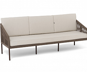 Канны диван 3-местный плетеный из роупа, каркас алюминий коричневый (RAL8016) муар, роуп коричневый круглый, ткань бежевая 15052