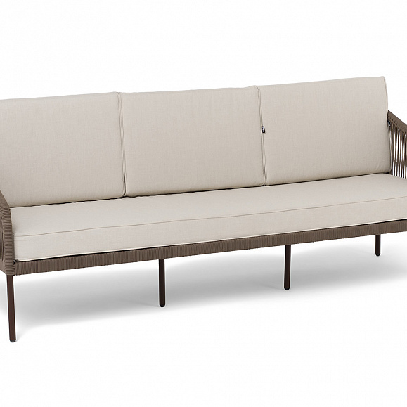 Канны диван 3-местный плетеный из роупа, каркас алюминий коричневый (RAL8016) муар, роуп коричневый круглый, ткань бежевая 15052 фото 3