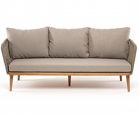 Мальорка диван 3-местный плетеный из роупа, основание дуб, роуп серо-коричневый 23мм, ткань бежевая 15052