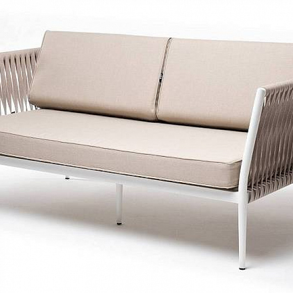 Диван Касабланка 4SIS 2-местный плетеный из роупа, каркас алюминий белый муар, роуп бежевый 20мм, ткань бежевая 15052 фото 1