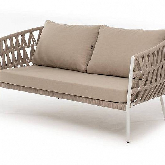 Диван Диего 4SIS 2-местный плетеный из роупа, каркас алюминий белый муар, роуп бежевый круглый, ткань бежевая 52 фото 1