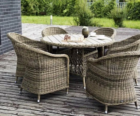 Плетеное кресло Равенна 4SIS из искусственного ротанга, цвет соломенный с серой подушкой