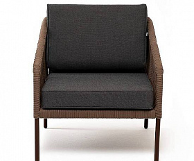 Кресло Канны 4SIS плетеное из роупа, каркас алюминий коричневый (RAL8016) муар, роуп коричневый круглый, ткань темно-серая 27