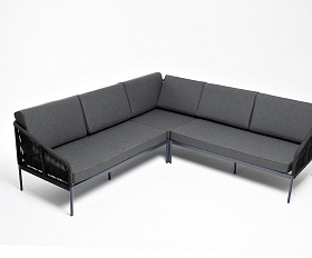 Канны диван модульный плетеный из роупа, каркас алюминий темно-серый (RAL7024), роуп темно-серый круглый, ткань темно-серая