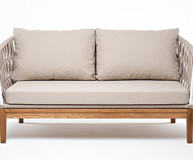 Диего диван 2-местный плетеный из роупа, основание дуб, каркас алюминий светло-серый (RAL7035) шагрень, роуп бежевый круглый, ткань бежевая 15052
