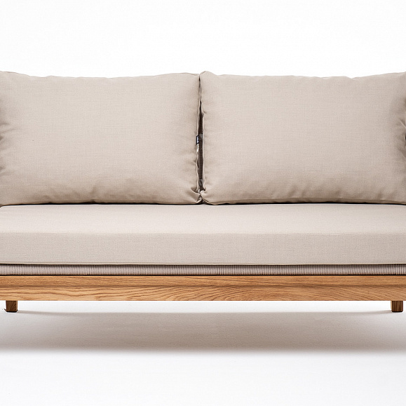 Диего диван 2-местный плетеный из роупа, основание дуб, каркас алюминий светло-серый (RAL7035) шагрень, роуп бежевый круглый, ткань бежевая 15052 фото 2