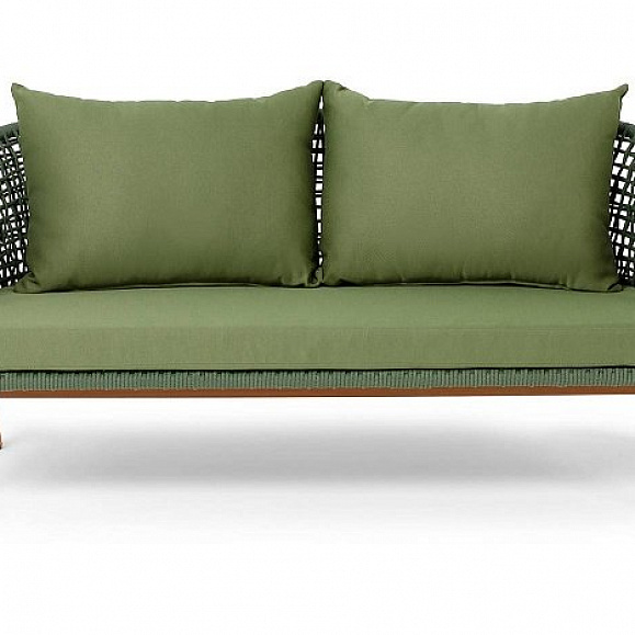 Диван Амстердам 4SIS 2-местный плетеный из роупа, каркас алюминий, роуп зеленый круглый, ткань зеленая фото 2