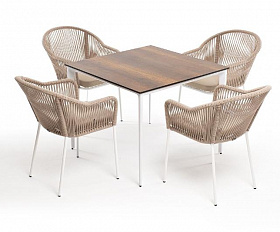 Обеденная группа Малага 4SIS на 4 персоны со стульями "Лион", каркас белый, роуп бежевый