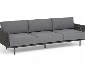 Джелло диван 3-местный плетеный из роупа, каркас алюминий темно-серый (RAL7024) муар, роуп темно-серый круглый, ткань темно-серая 027