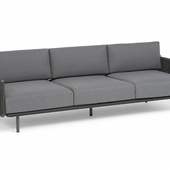 Джелло диван 3-местный плетеный из роупа, каркас алюминий темно-серый (RAL7024) муар, роуп темно-серый круглый, ткань темно-серая 027 фото 2