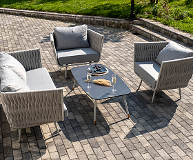 Монако лаунж-зона 4-местная из роупа со столом Верона (серый гранит), каркас светло-серый, роуп светло-серый