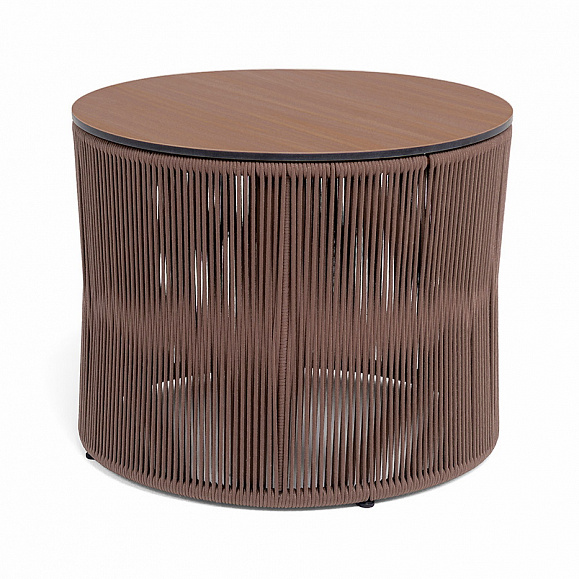 Авиньон журнальный стол из HPL круглый Ø70 H55, каркас из алюминия коричневый (RAL8016) муар, цвет дуб, роуп коричневый круглый фото 1