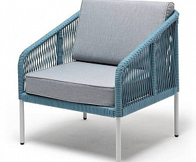 Кресло Канны 4SIS плетеное из роупа, каркас алюминий светло-серый (RAL7035) муар, роуп бирюзовый круглый, ткань светло-серая