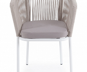 Марсель стул плетеный из роупа, каркас алюминий белый муар, роуп бежевый круглый, ткань бежевая 15052