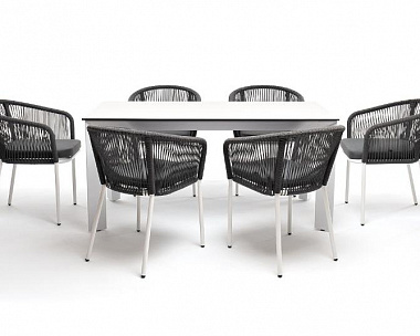 Обеденная группа Венето 4SIS на 6 персон со стульями "Марсель", каркас белый, роуп серый