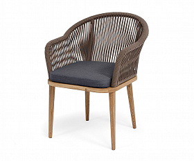 Лион стул плетеный из роупа, основание дуб, роуп коричневый круглый, ткань темно-серая 027