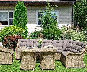 Модуль диванный угловой Бергамо 4SIS из искусственного ротанга, цвет соломенный с подушками