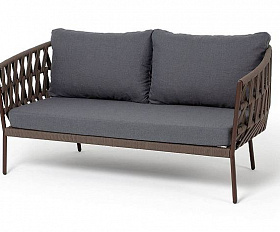 Диван Диего 4SIS 2-местный плетеный из роупа, каркас алюминий коричневый (RAL8016) муар, роуп коричневый круглый, ткань темно-серая 27