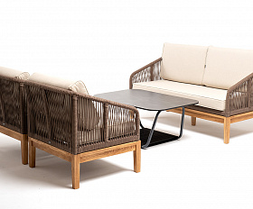 Канны лаунж-зона 4-местная из роупа со столом Гранада (серый гранит), основание дуб, роуп коричневый, ткань бежевая