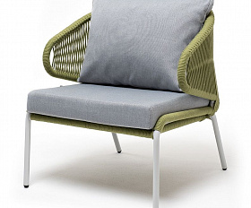 Кресло плетеное Милан 4SIS из роупа, каркас алюминий светло-серый (RAL7035) шагрень, роуп салатовый меланж круглый, ткань светло-серая