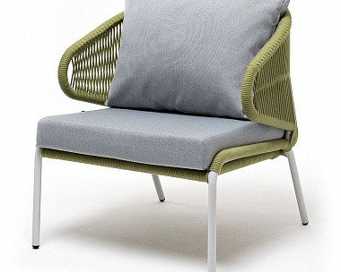 Кресло плетеное Милан 4SIS из роупа, каркас алюминий светло-серый (RAL7035) шагрень, роуп салатовый меланж круглый, ткань светло-серая