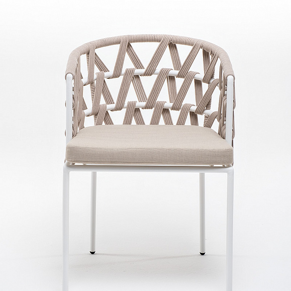 Диего стул плетеный из роупа, каркас из стали белый муар, роуп бежевый круглый, ткань бежевая 15052 фото 3