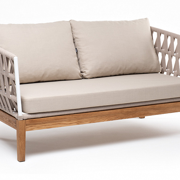 Диего диван 2-местный плетеный из роупа, основание дуб, каркас алюминий светло-серый (RAL7035) шагрень, роуп бежевый круглый, ткань бежевая 15052 фото 3