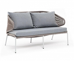 Диван двухместный Милан 4SIS из роупа (веревки), каркас алюминий светло-серый (RAL7035) шагрень, роуп серый меланж круглый, ткань светло-серая