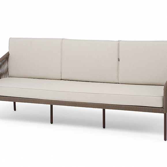 Канны диван 3-местный плетеный из роупа, каркас алюминий коричневый (RAL8016) муар, роуп коричневый круглый, ткань бежевая 15052 фото 1