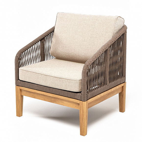 Канны кресло плетеное из роупа, основание дуб, роуп коричневый круглый, ткань бежевая 15052 фото 1