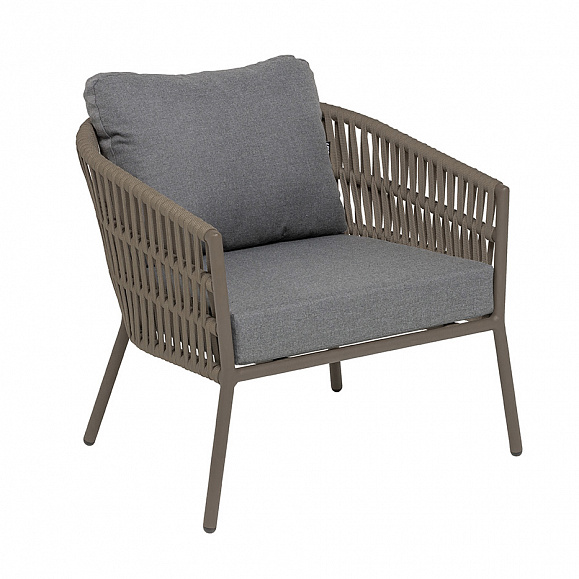 Комо кресло плетеное из роупа, каркас алюминий бежево-серый (RAL7006) муар, роуп серо-коричневый 23мм, ткань темно-серая 027 фото 2