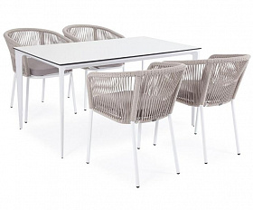Обеденная группа Малага 4SIS на 4 персоны со стульями "Марсель", каркас белый, роуп бежевый