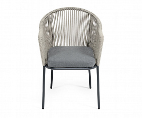 Лион стул плетеный из роупа, каркас из стали темно-серый (RAL7024) муар, роуп серый меланж круглый, ткань серая 017