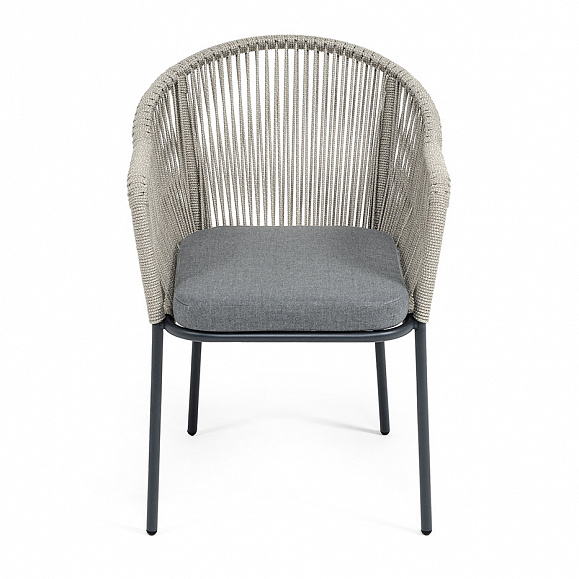 Лион стул плетеный из роупа, каркас из стали темно-серый (RAL7024) муар, роуп серый меланж круглый, ткань серая 017 фото 3
