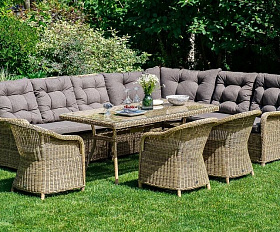 Модуль диванный угловой Бергамо 4SIS из искусственного ротанга, цвет соломенный с подушками