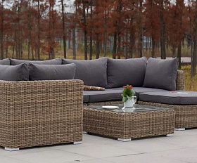 Модуль диванный угловой Лунго 4SIS из искусственного ротанга, цвет соломенный с подушками