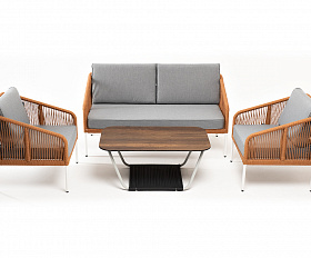 Канны лаунж-зона 4-местная из роупа со столом Глория цвет дуб, каркас алюминиевый белый, роуп оранжевый меланж