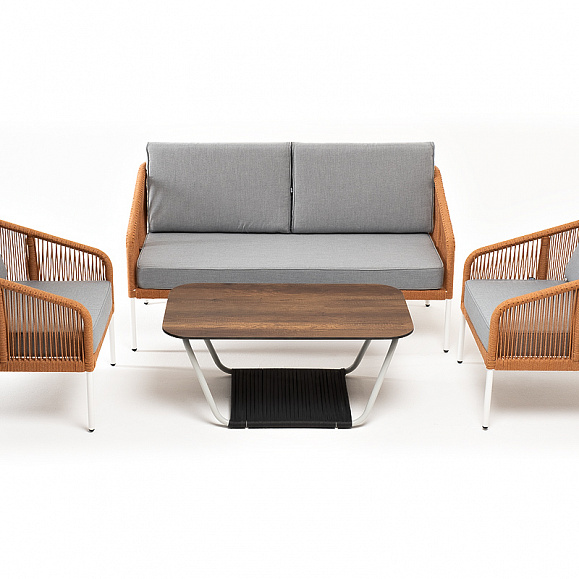 Канны лаунж-зона 4-местная из роупа со столом Глория цвет дуб, каркас алюминиевый белый, роуп оранжевый меланж фото 6