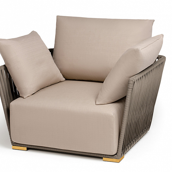 Форли кресло плетеное из роупа, каркас алюминий светло-серый (RAL7035) муар, роуп серо-коричневый 23мм, ткань Mossle бежевая фото 1