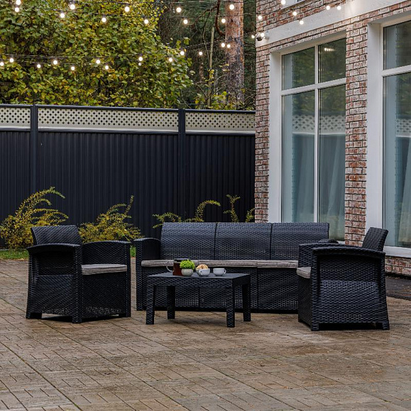 Обеденный комплект Lily Royal Family из пластика с трехместным диваном, цвет черный фото 1