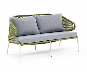 Диван двухместный Милан 4SIS из роупа (веревки), каркас алюминий светло-серый (RAL7035) шагрень, роуп салатовый меланж круглый, ткань светло-серая