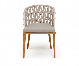 Диего стул плетеный из роупа, основание дуб каркас из стали белый муар, роуп бежевый круглый, ткань бежевая 052