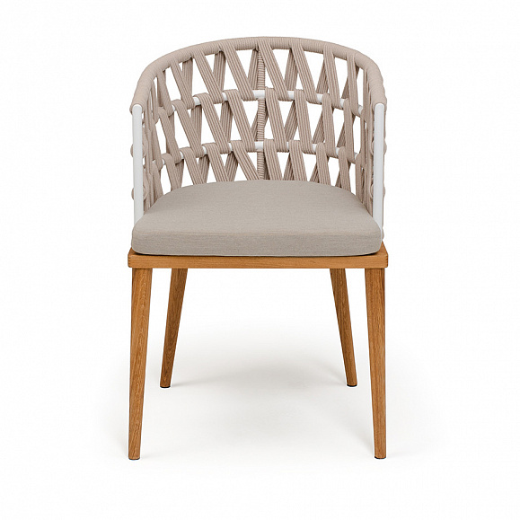 Диего стул плетеный из роупа, основание дуб каркас из стали белый муар, роуп бежевый круглый, ткань бежевая 052 фото 2