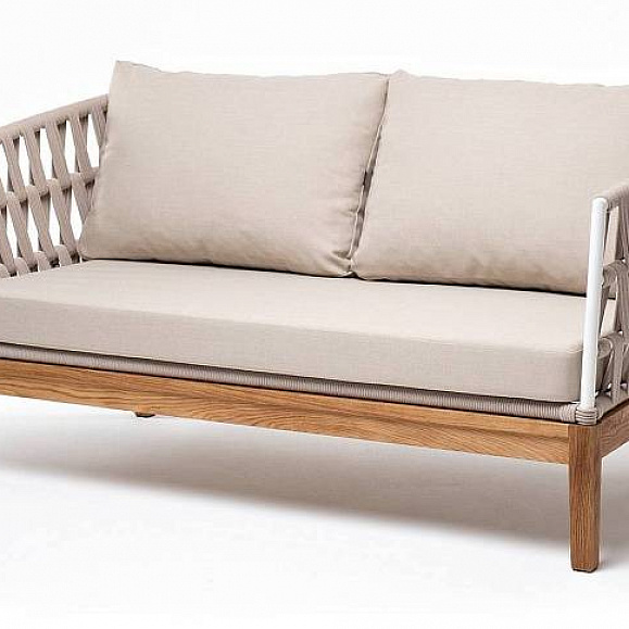 Диван Диего 4SIS 2-местный плетеный из роупа, основание дуб, каркас алюминий светло-серый (RAL7035) муар, роуп бежевый круглый, ткань бежевая 52 фото 1