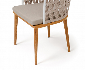 Диего стул плетеный из роупа, основание дуб каркас из стали белый муар, роуп бежевый круглый, ткань бежевая 052