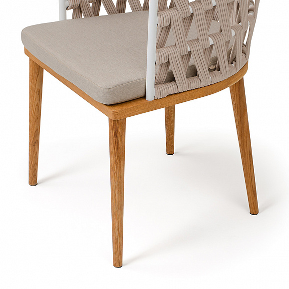 Диего стул плетеный из роупа, основание дуб каркас из стали белый муар, роуп бежевый круглый, ткань бежевая 052 фото 4