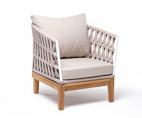 Диего кресло плетеное из роупа, основание дуб, каркас алюминий светло-серый (RAL7035) шагрень, роуп бежевый круглый, ткань бежевая 15052