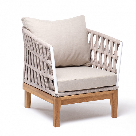 Диего кресло плетеное из роупа, основание дуб, каркас алюминий светло-серый (RAL7035) шагрень, роуп бежевый круглый, ткань бежевая 15052 фото 3